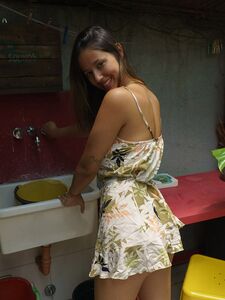 Stunning brunette babe taking a bath outside displaying her amazing slender figure with big natural knockers